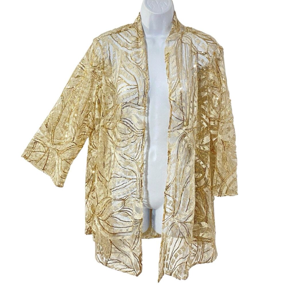 New Tahari Sheer Lace ivory Gold Sequins embroidery L jacket top overlay formal